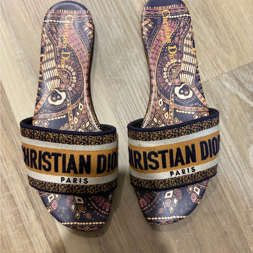 Dior Christian Dior Paris Embroidered Slide Sandals in Brown, Gold and Black